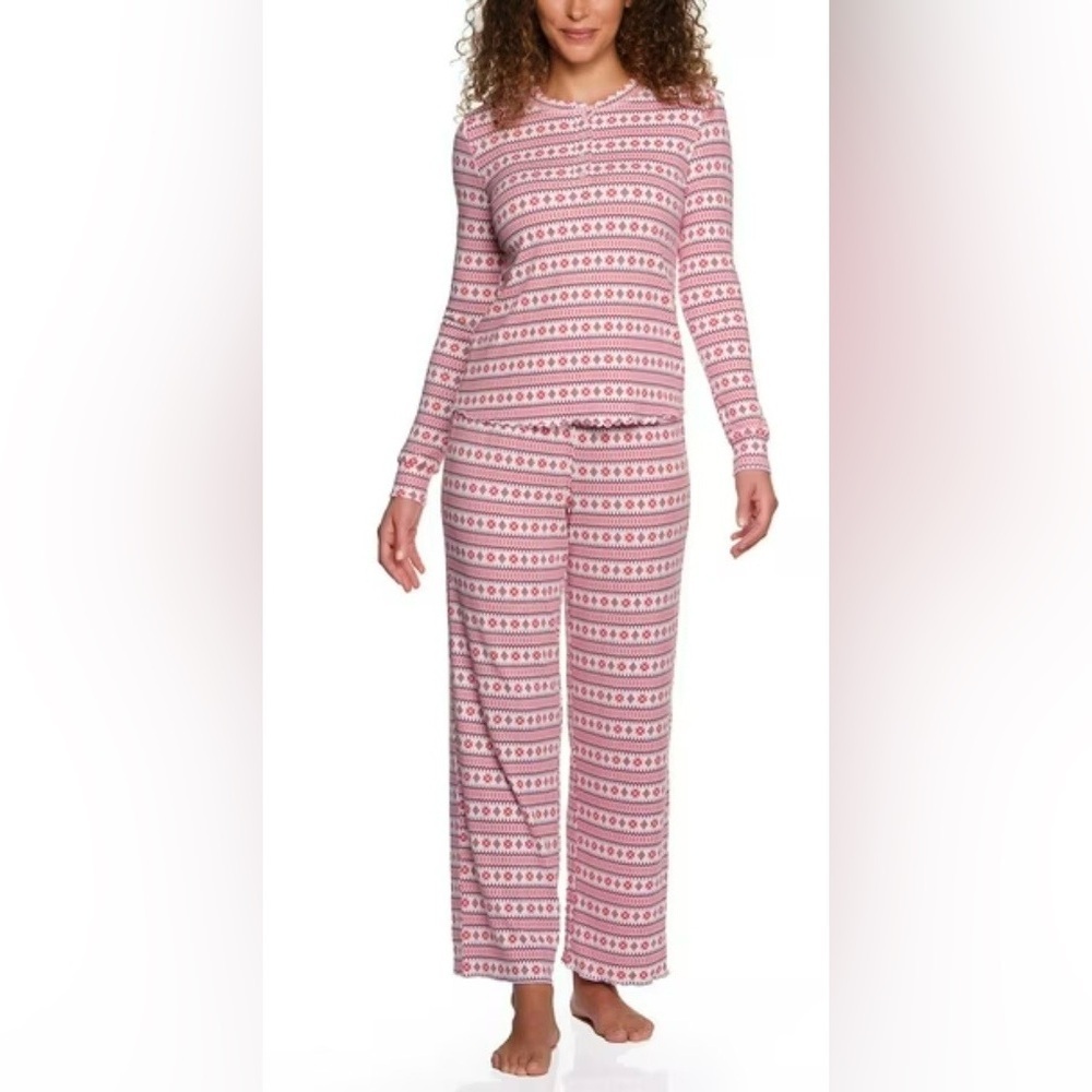 LOFT Women’s Pointelle Knit Henley Pajama Set Cream/Snowflakes, Elastic Waist - Picture 2 of 8